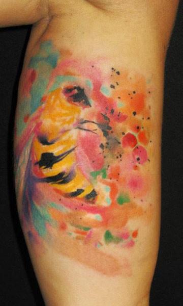 Watercolor Bee Tattoo On Leg Calf