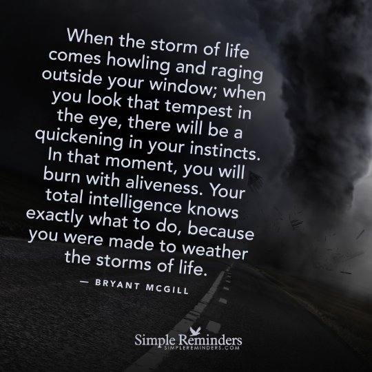 When the storm of life comes howling and raging outside your window; when you look that tempest in the eye, there will be a quickening in your instincts. In that moment, you will burn with aliveness. Your total intelligence knows exactly what to do, because you were made to weather the storms of life.