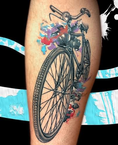 3D Bike Tattoo On Leg Calf