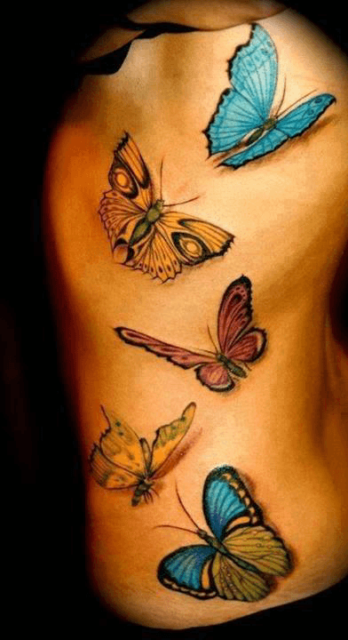 3D Colorful Butterflies Tattoo On Side Belly
