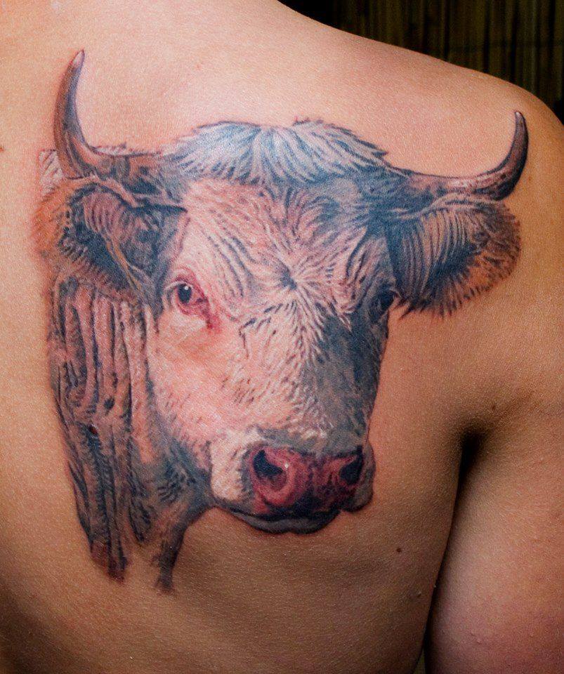 3D Cow Head Tattoo On Right Back Shoulder