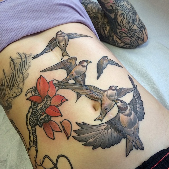 3D Flying Birds Tattoo On Girl Belly