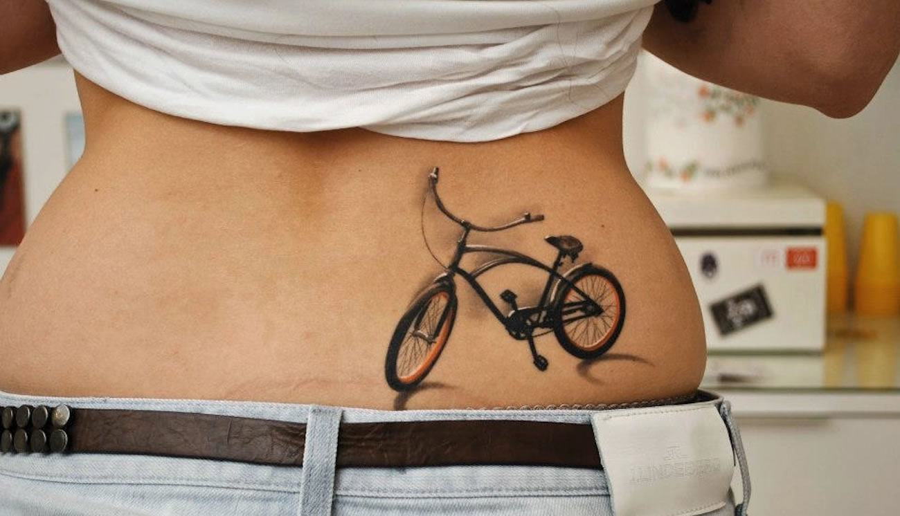 3D Mountain Bike Tattoo On Lower Back