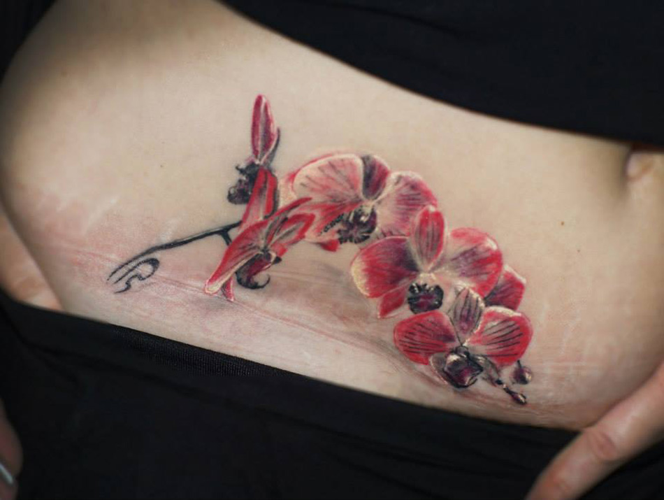 3D Orchid Flowers Tattoo Design For Belly