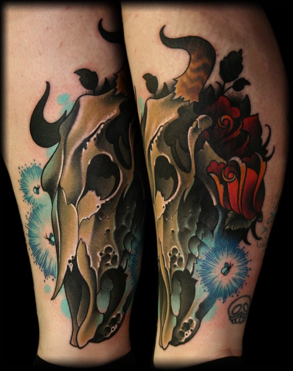 3D Traditional Cow Skull Tattoo Design