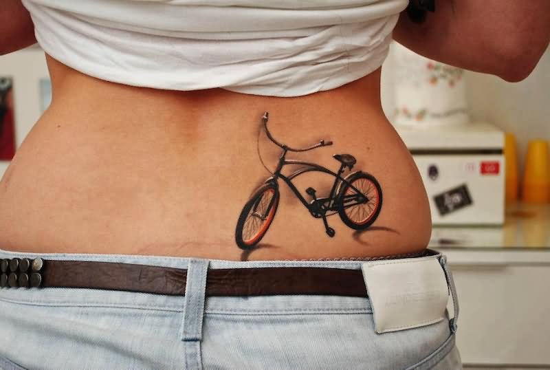 Amazing 3D Bike Tattoo On Lower Back