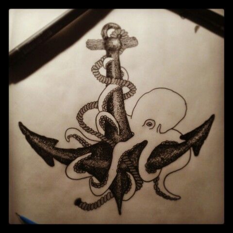 Amazing Black Kraken With Anchor Tattoo Design