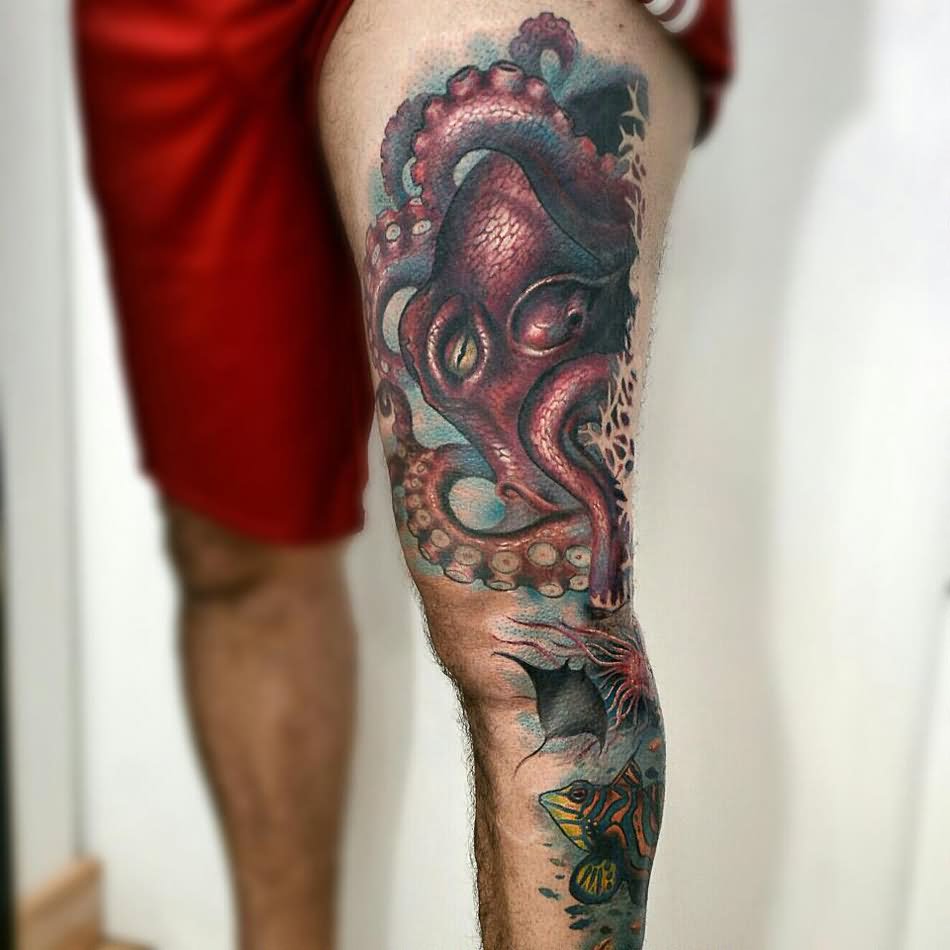 Amazing Colored Octopus Thigh Tattoo