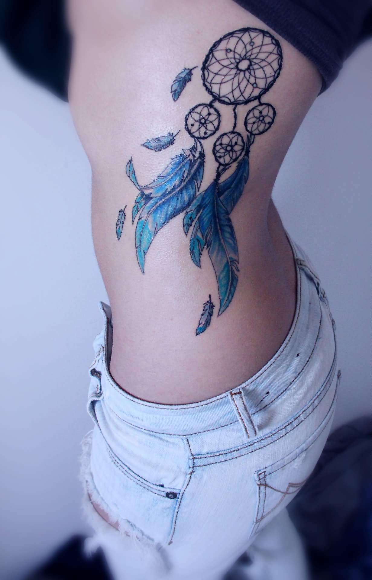 Amazing Dream Catcher Tattoo On Side Belly