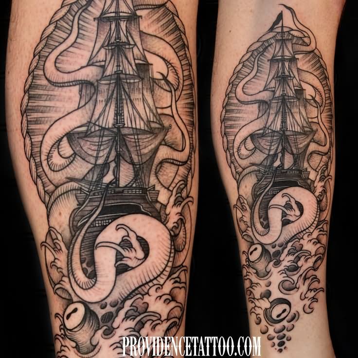 Amazing Grey Octopus Ship Tattoo On Arm Sleeve