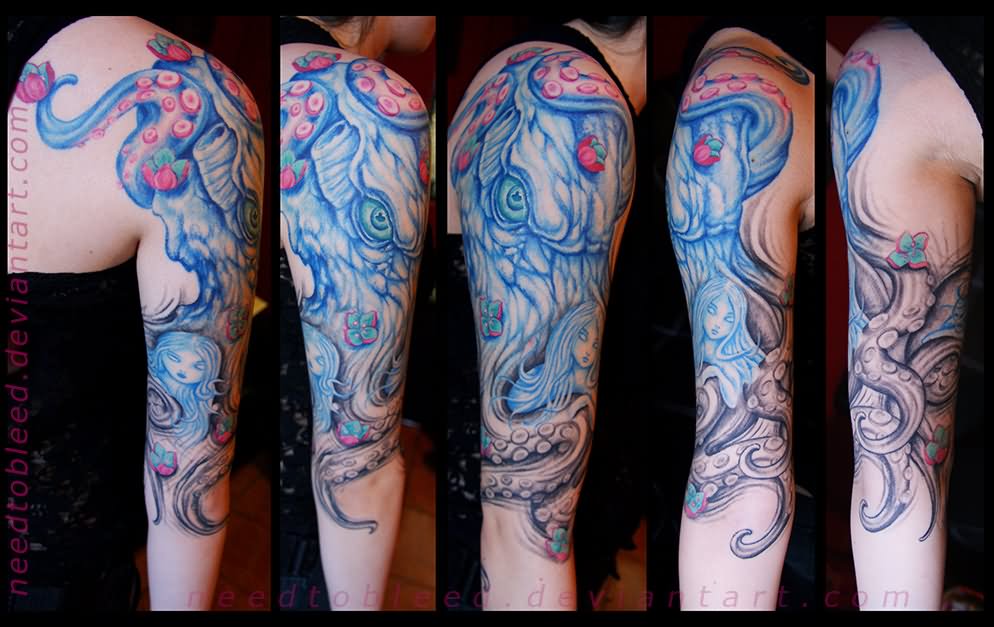 Amazing Kraken Tattoo On Right Half Sleeve