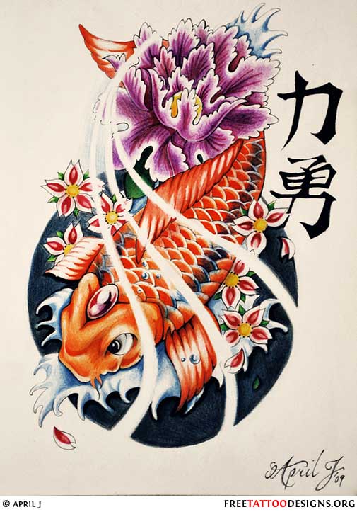 Amazing Orange Carp Fish With Flowers Tattoo Design