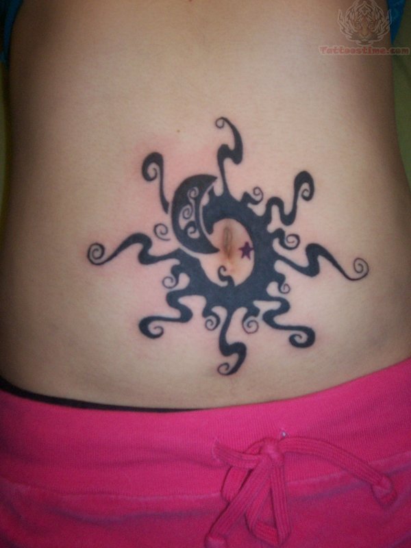 Amazing Sun With Half Moon Tattoo On Belly Button