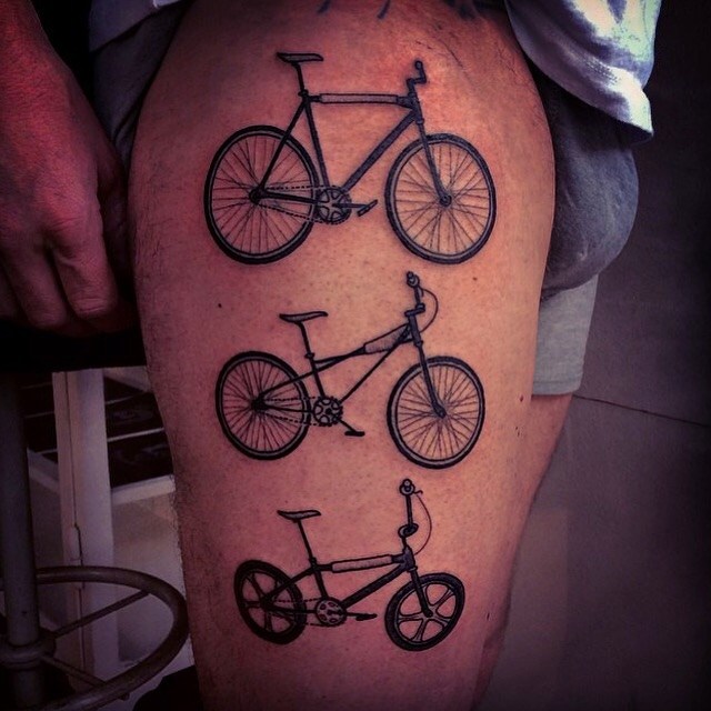 Amazing Three Mountain Bike Tattoo On Side Thigh