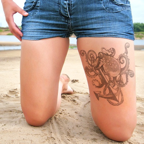 Anchor And Octopus Tattoo On Left Thigh