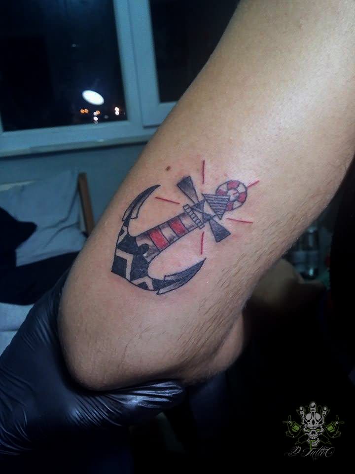 Anchor Lighthouse Tattoo On Leg