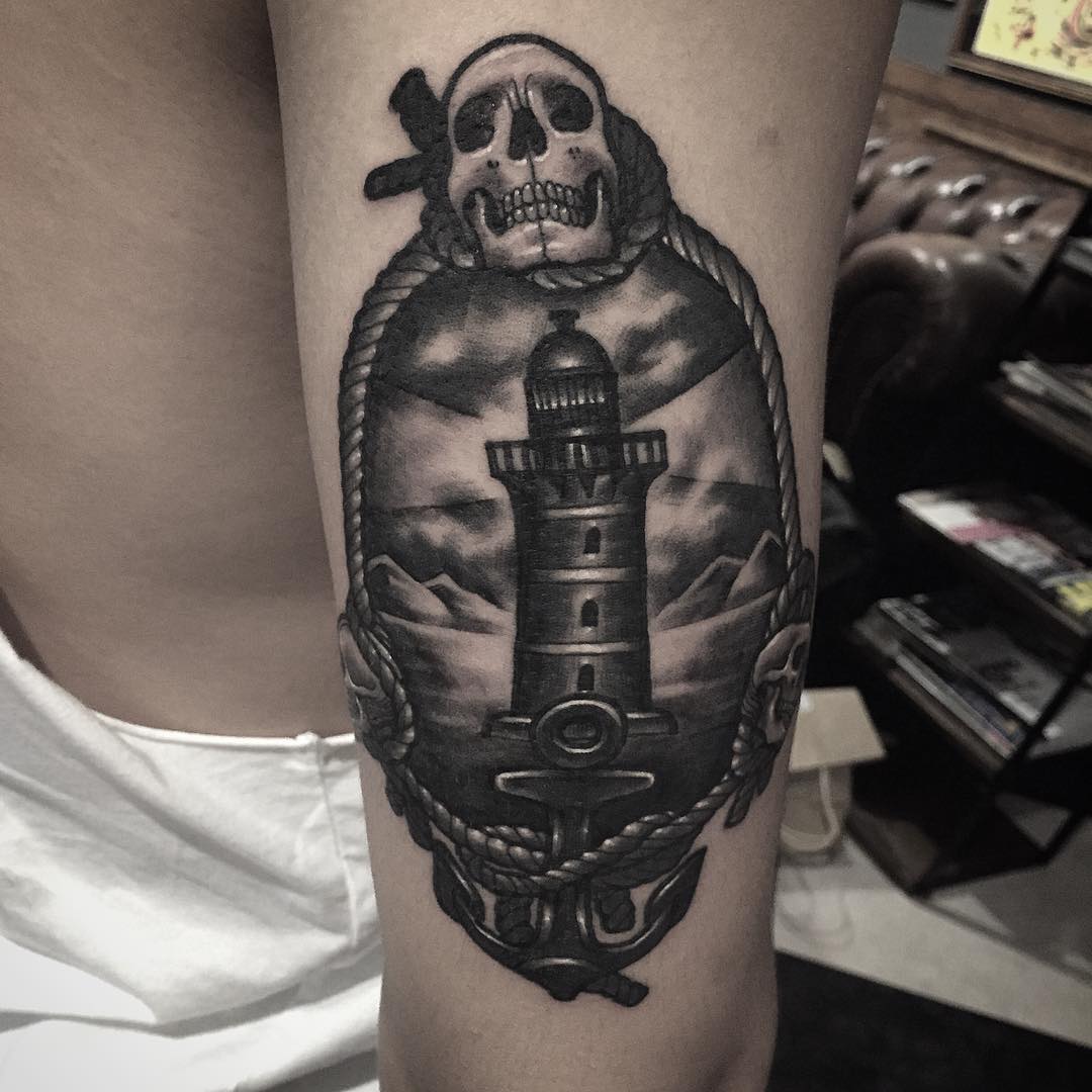 Anchor Skull And Lighthouse Tattoo by Gara Susan