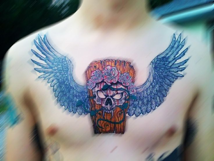 Angel Winged Wooden Coffin Tattoo On Chest For Men