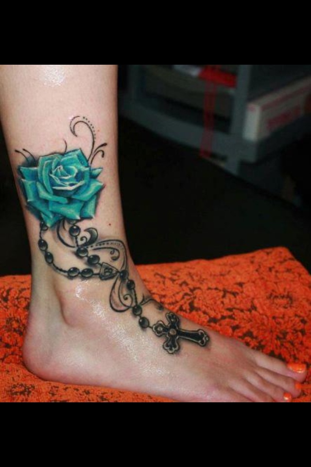 Aqua 3D Rose With Rosary Cross Tattoo On Leg