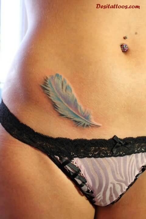 Aqua Color Feather Tattoo On Girl Waist
