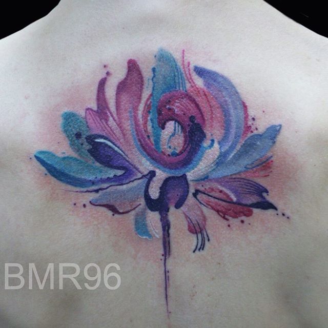 Aqua Color Flower Tattoo Design For Upper Back