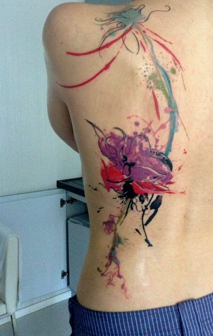 Aqua Color Flower Tattoo On Full Back