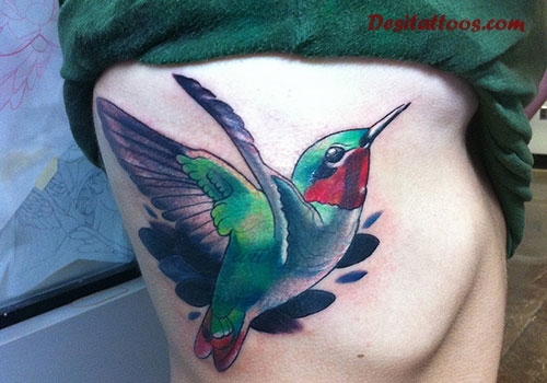 Aqua Color Flying Bird Tattoo Design For Side Rib