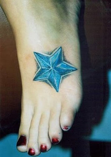 Aqua Color Nautical Star Tattoo On Girl Foot