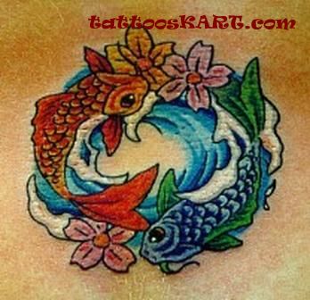 Aqua Color Pisces With Flowers Tattoo Design