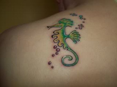Aqua Color Seahorse Tattoo Design For Back Shoulder