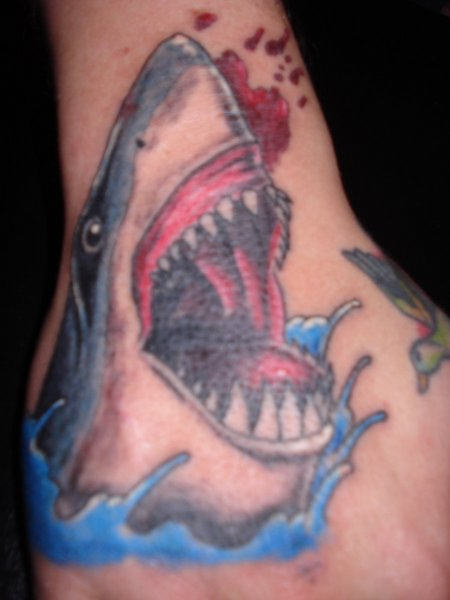Aqua Color Shark Head Tattoo Design For Hand