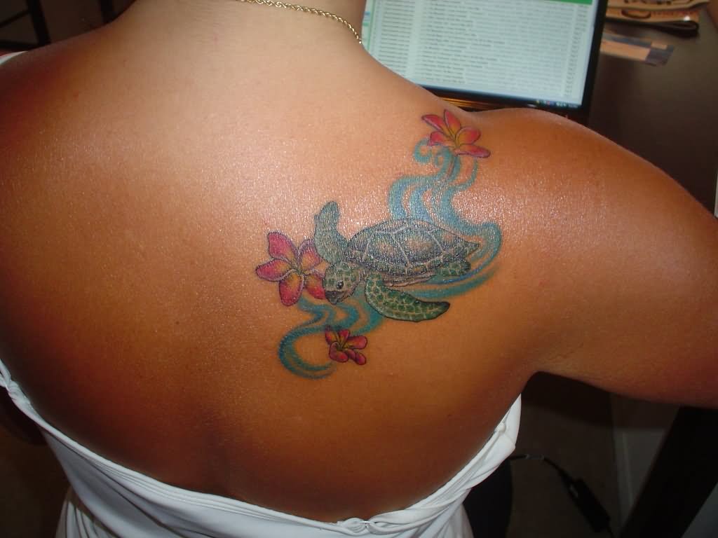 Aqua Color Turtle With Flowers Tattoo On Right Back Shoulder
