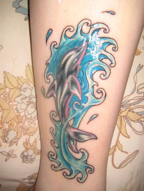 Aqua Dolphin Tattoo Design For Leg