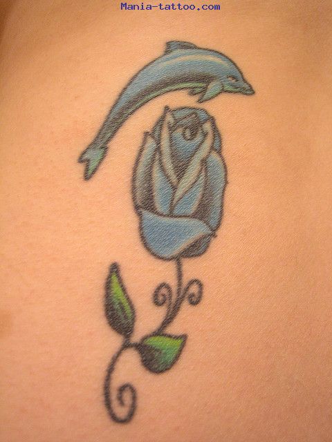 Aqua Dolphin With Rose Tattoo Design