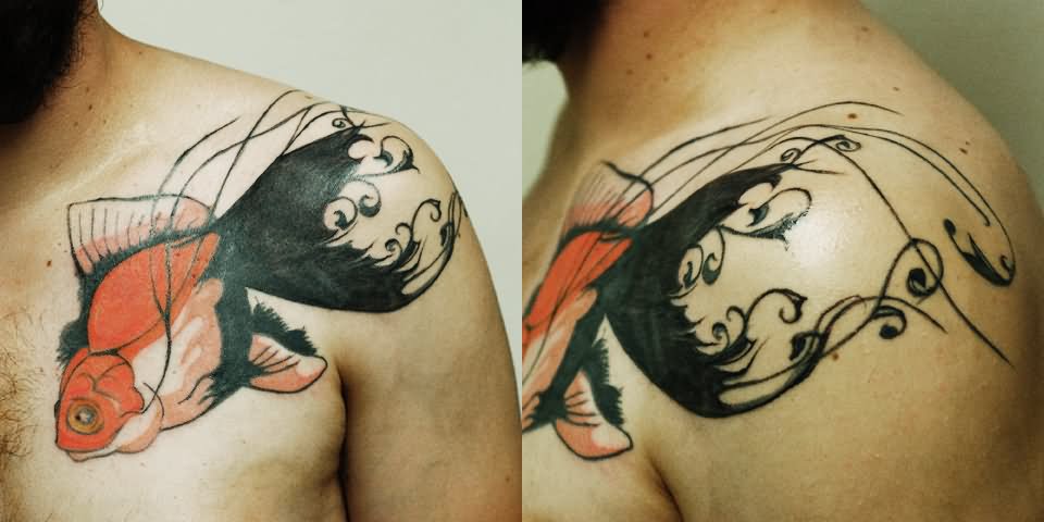 Aqua Fish Tattoo On Man Left Front Shoulder