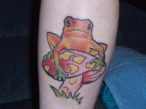 Aqua Frog On Mushroom Tattoo Design For Forearm