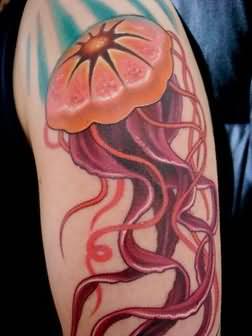Aqua Jelly Fish Tattoo Design For Shoulder