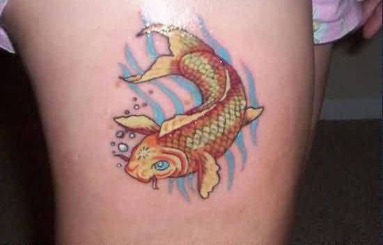 Aqua Koi Fish Tattoo On Side Thigh