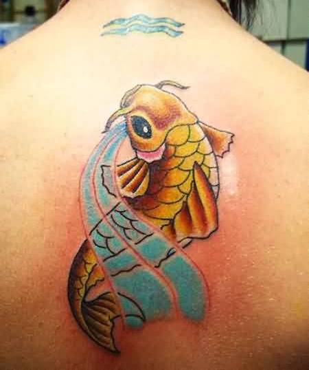 Aqua Koi Fish Tattoo On Upper Back