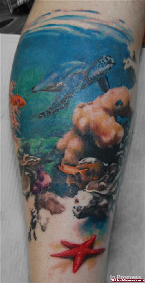 Aqua Scene Tattoo On Leg