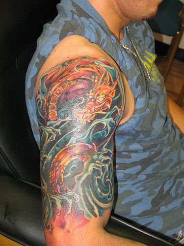 Aquatic Dragon Tattoo On Right Half Sleeve