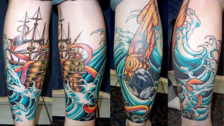 Aquatic Octopus And Ship Tattoo On Sleeve by Adorn Body Art