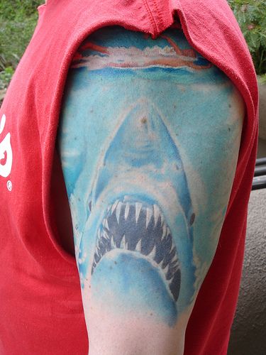 Aquatic Shark Tattoo On Left Half Sleeve