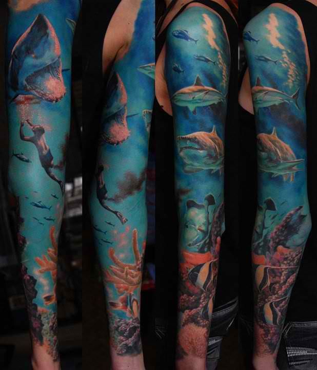 Aquatic Under Water Scene Tattoo On Full Sleeve