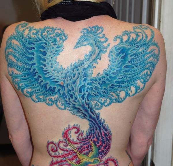 Awesome Aquatic Phoenix Tattoo On Full Back