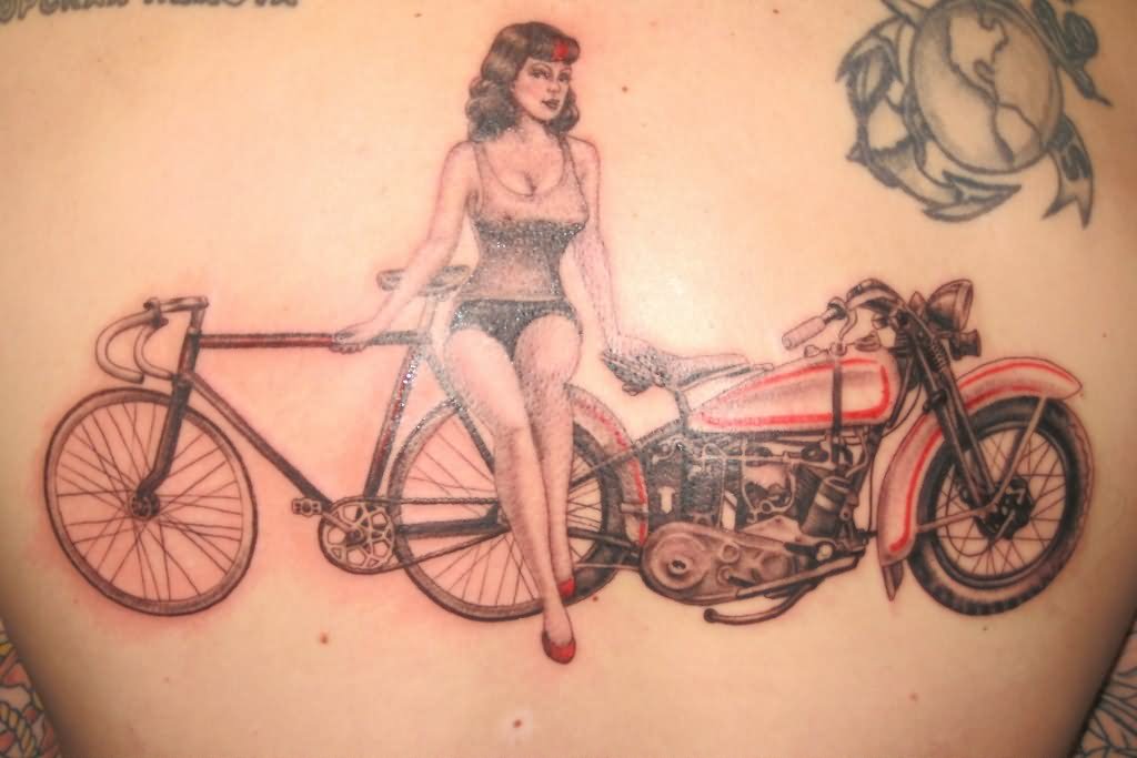 Awesome Girl On Bicycle With Bike Tattoo Design
