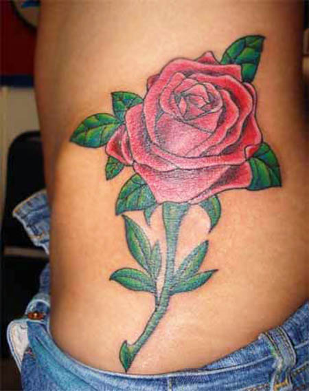 Awesome Red Rose Tattoo On Side Belly