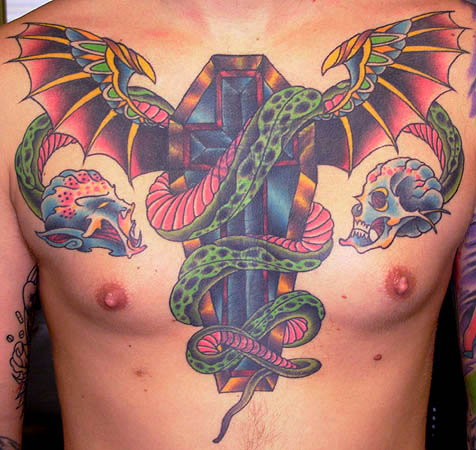 Bat Wings Coffin And Snake Tattoo On Chest