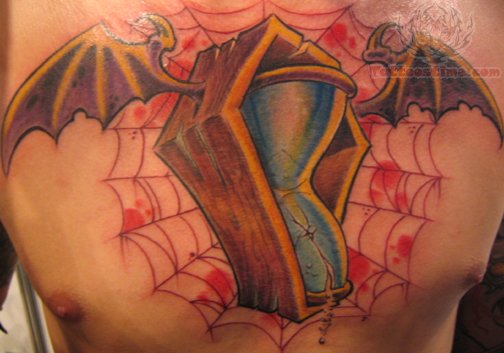 Bat Wings Hourglass Tattoo On Chest For Men