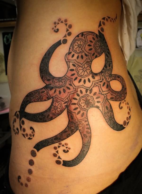 Beautiful Kraken Octopus Tattoo On Side Rib For Girls